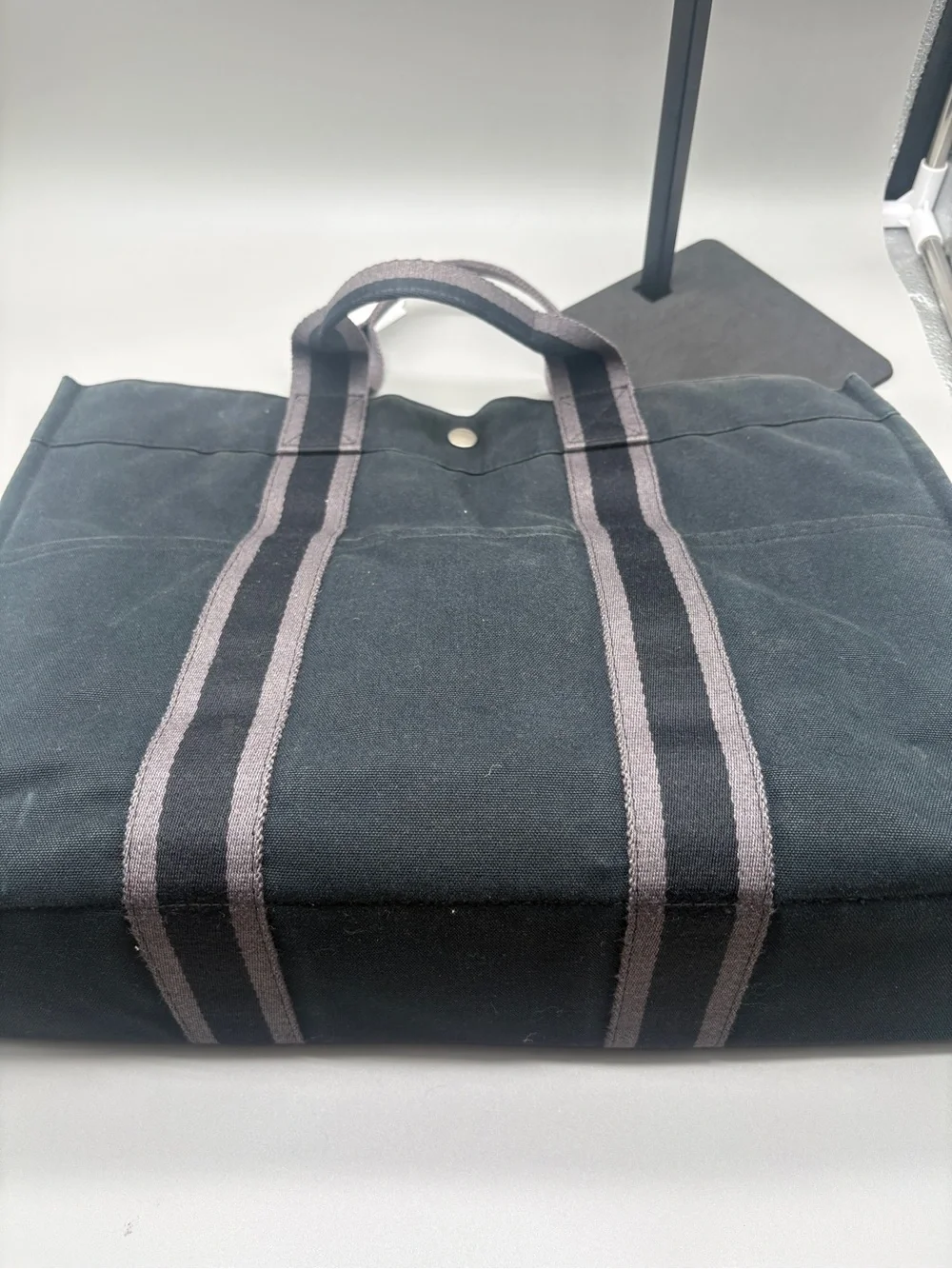 Hermès Herline MM Canvas Tote Black Gray Large Zip Top France with COA